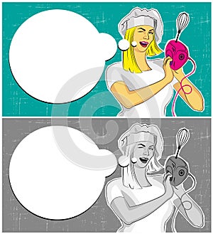 Woman With Mixer for Cooking and Speech Bubble.