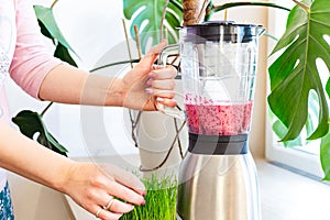 A woman mixes a delicious almond milk, berry and herbs smoothie in a blender.