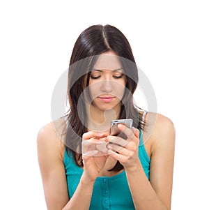 Woman with mobile cellphone finger touch the screen