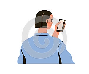 Woman with mobile phone in hand, scrolling news, looking at cell screen. Girl holding smartphone, surfing internet