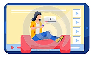 Woman with mobile phone using and watching streaming service sitting on the couch dumbbell