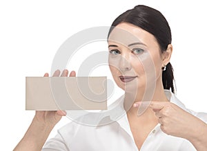 Woman with a mockup in her hand on a white background isolate