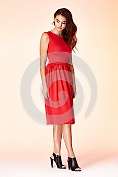 Woman model fashion style red skinny dress beautiful secretary d