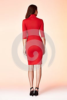 Woman model fashion style red skinny dress beautiful secretary diplomatic protocol office uniform stewardess air hostess business
