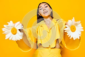 woman model flower portrait young yellow chamomile smile happiness pretty caucasian