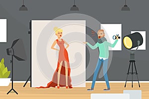 Woman Model in Red Dress in Front of Photographer with Professional Camera Vector Illustration