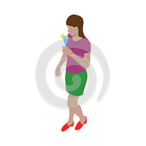 Woman in modern clothes stands with glass of drink in isometric view. Lady drinking a cocktail through a straw