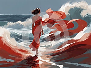 A woman in a modern red dress among sea waves. The clothes of the girl walking on the waves flowed into the water.
