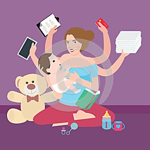 Woman mom multitasking super busy mother with baby working