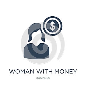woman with money icon in trendy design style. woman with money icon isolated on white background. woman with money vector icon