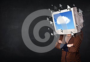 Woman with monitor screen and cloud computing on the screen