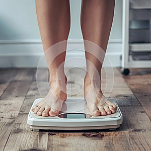 Woman monitors weight on bathroom scale, fitness journey, closeup