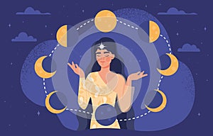 Woman with moon phases vector concept