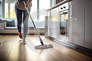 Woman mopping floor in kitchen. Generative AI