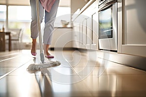 Woman mopping floor in kitchen. Generative AI