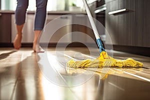 Woman mopping floor in kitchen. Generative AI