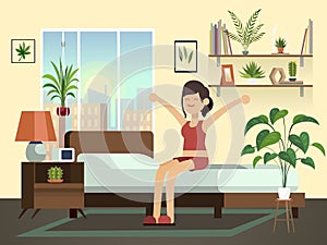 Woman morning. Happy fun young healthy awakening person relax in bed getting up bedroom vector cartoon illustration