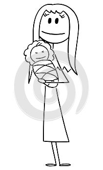 Woman or Mother Holding New Born Baby in Hands , Vector Cartoon Stick Figure Illustration