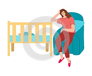 Woman mother napping in armchair near her babys cradle vector illustration