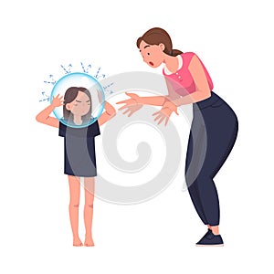 Woman Mother Talking to Her Daughter with Glass Bulb on Head as Problematic Communication and Misunderstanding Between