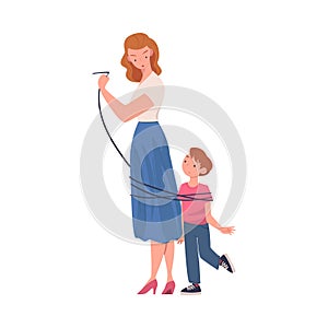 Woman Mother Tied with Rope Her Little Son as Problematic Communication and Misunderstanding Between Parent and Child