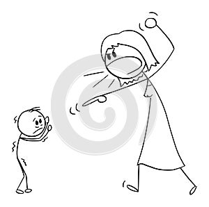 Woman or Mother Yelling at Small Child or Boy, Vector Cartoon Stick Figure Illustration