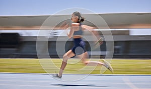 Woman, motion blur or running on stadium track in fitness training, workout or exercise for race, marathon or