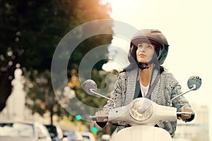 Woman, motorcycle and transport in city, street and safety with helmet, journey and travel with mock up space. Girl