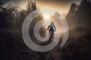 Woman Mountain Biking on a Trail in Early Morning with Mist and Backlight, Generative AI