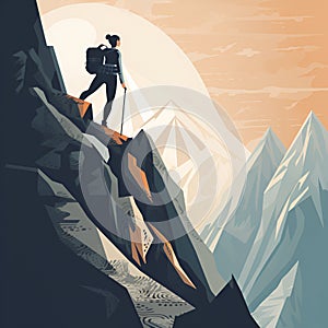 Woman on a Mountain peak. Achievement concept illustration