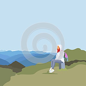Woman on the mountains. Concept of summer forest addiction. Mental illness, behavioral problem, psychiatric condition.