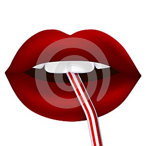 Woman mouth drinking. Red lips and tooth isolated.