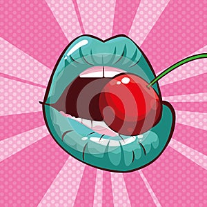 woman mouth eating cherry pop art style