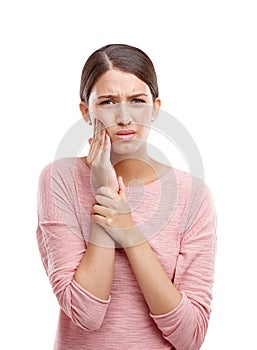 Woman, mouth and hands for toothache, dental wellness or upset portrait isolated in white background. Unhappy model, sad