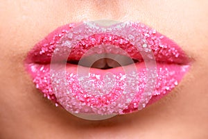 Woman mouth, pink lipstick and sugar scrub closeup, makeup and beauty with exfoliation and sparkle. Bright aesthetic