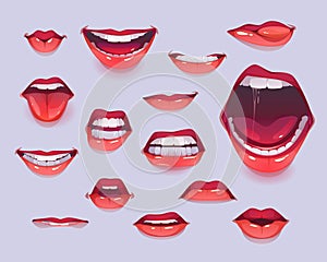 Woman mouth set. Red sexy lips expressing emotions