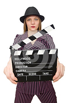 The woman with movie clapboard isolated on white