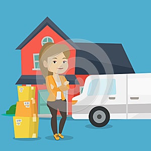 Woman moving to house vector illustration.