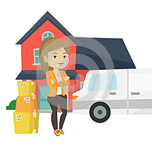 Woman moving to house vector illustration.