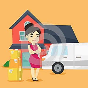 Woman moving to house vector illustration.