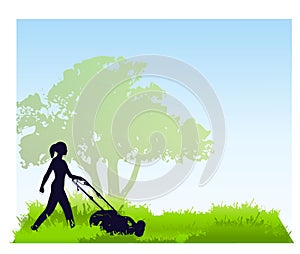 Woman Mowing The Lawn
