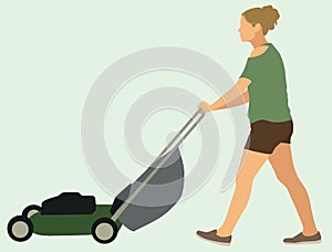 Woman Mowing Lawn