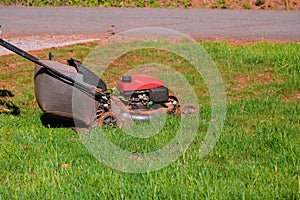 Woman mows a green lawn in her backyard with lawn mower in front of her house with lawn mower.