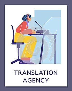 Woman multi language translator in microphone help understanding and interpreting, translation agency vector poster photo
