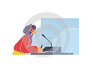 Woman multi language translator in microphone help understanding and interpreting, vector online translation service