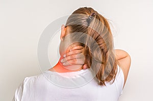 Woman with muscle injury having pain in her neck