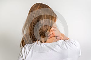 Woman with muscle injury having pain in her neck