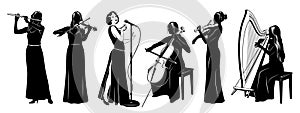 Woman music band with vocalist. Silhouettes Set. Women singing, playing on violins, cello, celtic harp and flute