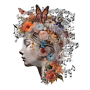 Woman with music notes and flowers, human brain, self care and mental health concept, sound therapy, creative mind