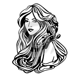 Woman musician and cello instrument black and white vector outline